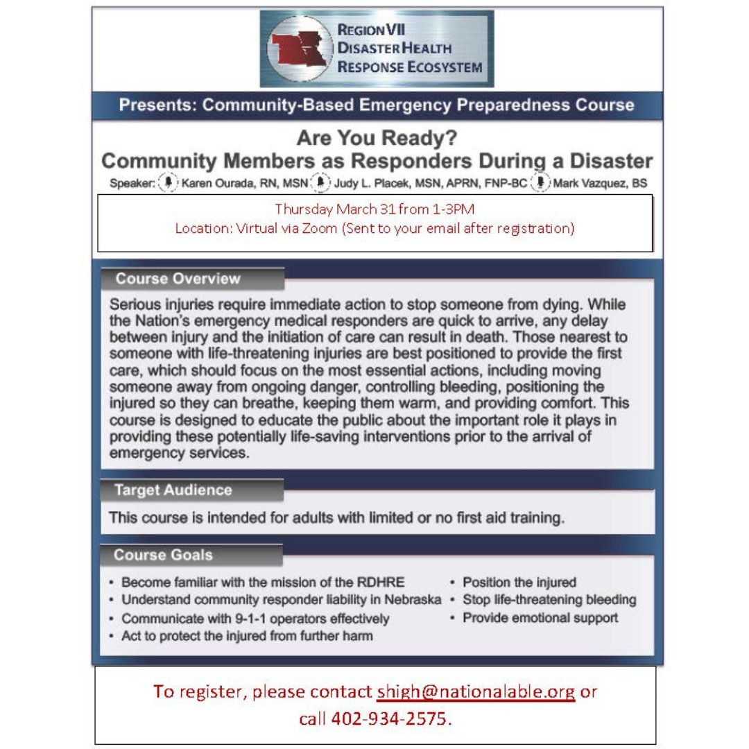 FREE upcoming Until Help Arrives course facilitated by Nebraska Medicine. It will be held virtually, Thursday, March 31 from 1-3 pm.  Register here: eventbrite.com/e/are-you-read…

#CommunityPreparedness #Omaha #UntilHelp Arrives #TrainingOpportunity