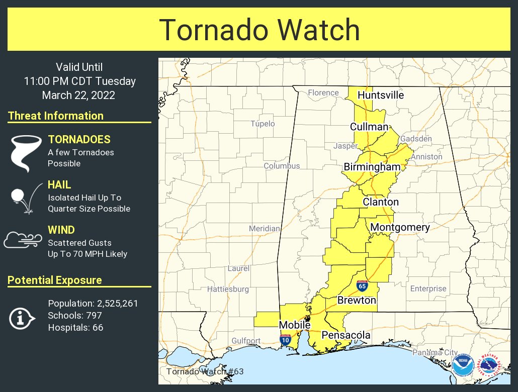 A tornado watch has been issued for parts of Alabama, Florida and Mississippi until 11 PM CDT
