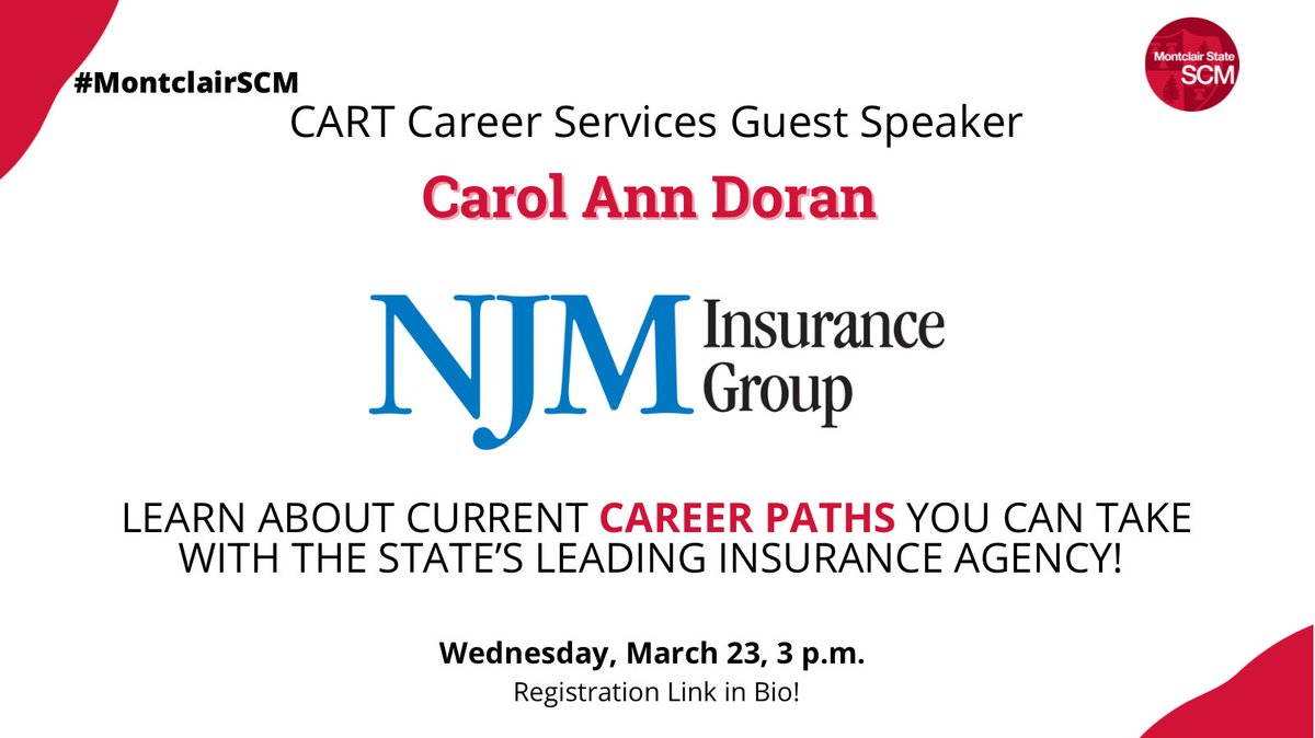 Montclair_CCOM's tweet image. Interested in learning about the state's leading insurance agency? Join Carol Ann Doran, of #NJMInsuranceGroup in an interactive information session! 
Date: March 23
Time: 3 p.m.
Registration link in bio! #MontclairSCM #CARTCareers