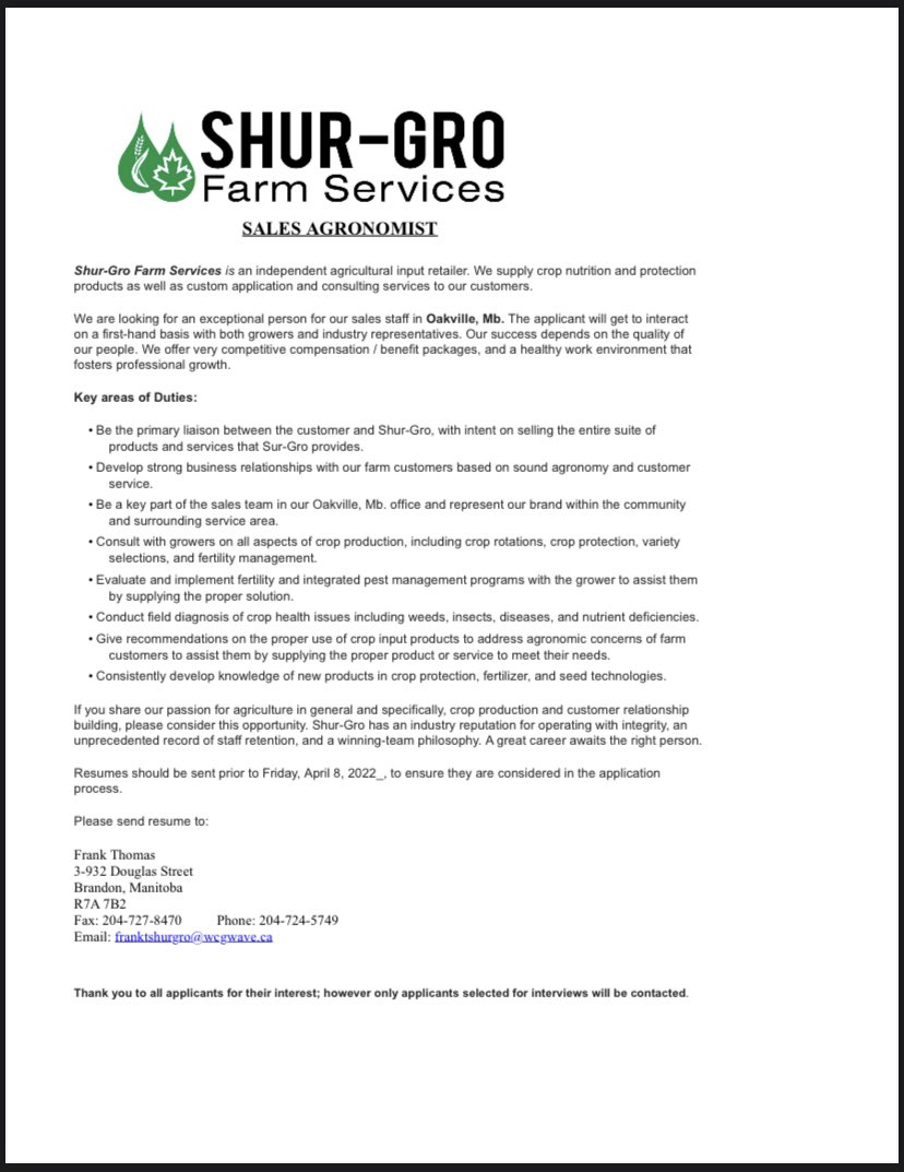 ShurGroFarmServ's tweet photo. We’re hiring at a Sales Agronomist at our #Oakville location! For more information or to apply see below! ⬇️ 🌾 https://t.co/3tcGuggo3h