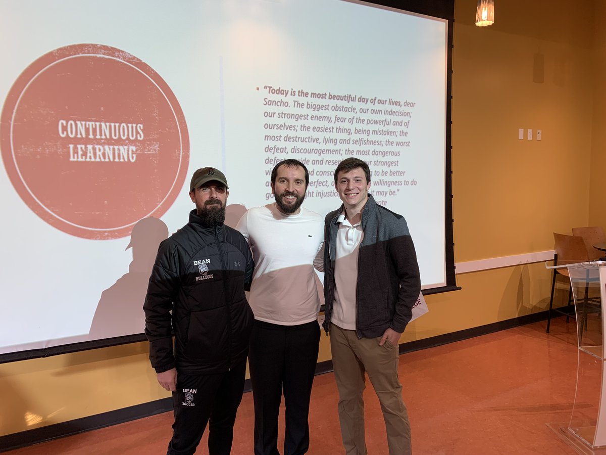DeanBusiness's tweet photo. Two Captains and a Coach: Daniel Chavez '03 spoke of his experiences on Dean's Soccer Team. He was introduced by the current Captain, Luke Palmer '23. They were joined by current Coach Joe Campbell. #dcleadinst https://t.co/WyX295UalQ