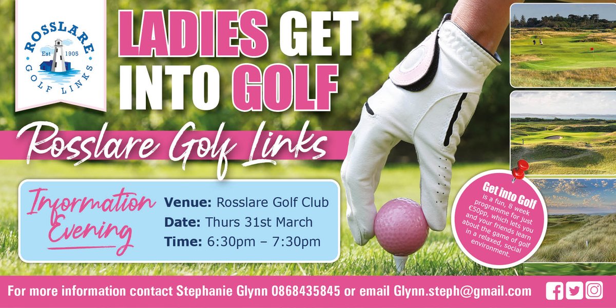 Rosslaregolf's tweet photo. Thinking of taking up golf? Why not come along to our Information Evening next Thurs and learn about our upcoming Ladies Get Into Golf Programme?
Contact Stephanie on 086 8435845 for more info.
#rosslaregolflinks #beginnersgolf #ladiesgolf #ladiesgetintogolf #sportsactive https://t.co/9DcW9YEkr0