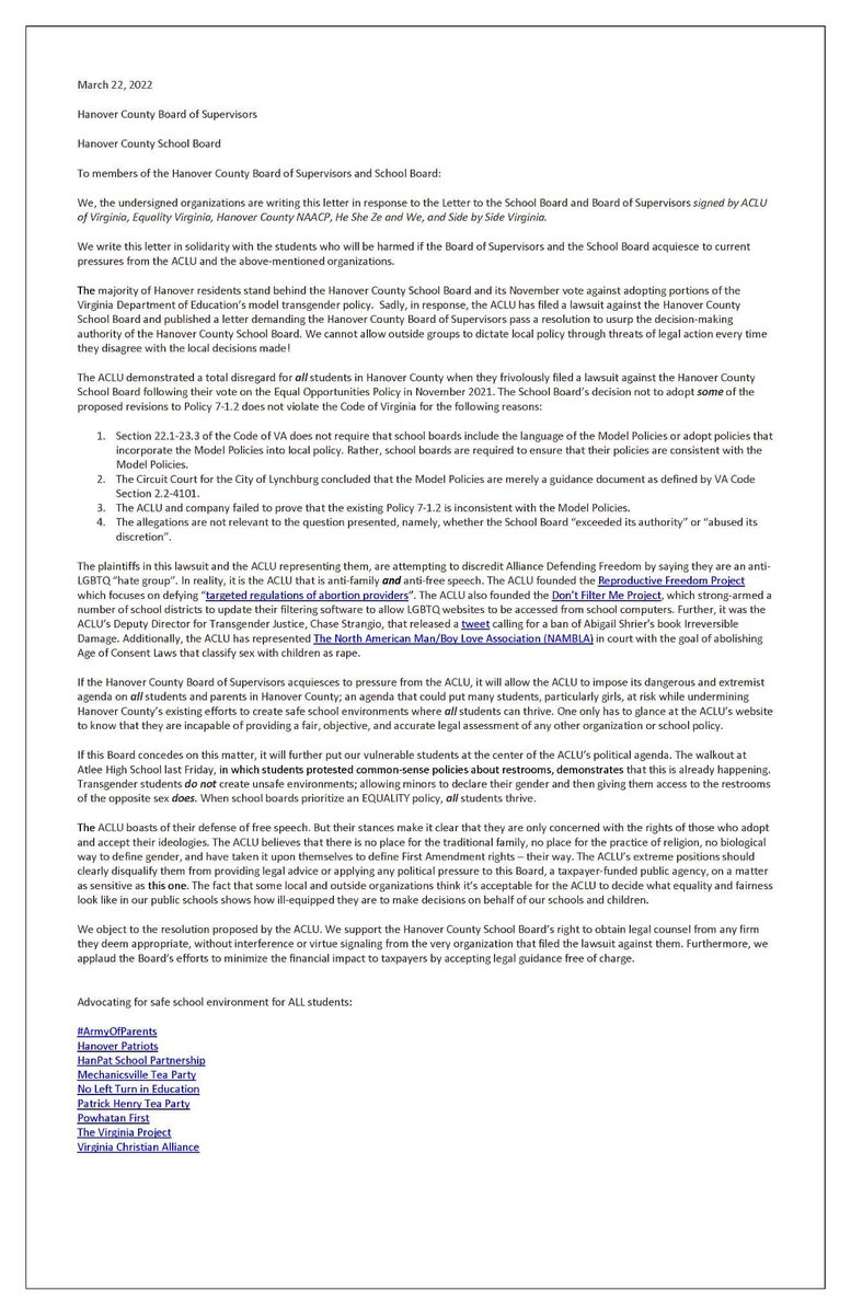 NoLeftTurnElana's tweet photo. Joint letter from our Virginia chapter and several other organizations to the Hanover County BOS and @HanoverSchools  @ArmyOfParents @TVPUAC @yael43744031 @lfrenchnews https://t.co/jOdYQdCtFc