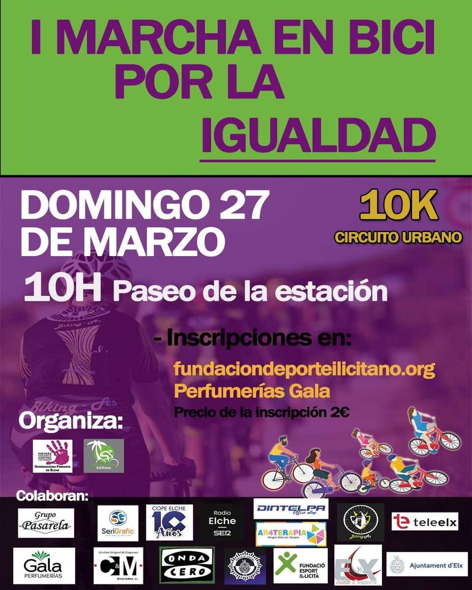 #MarchaIgualdad 

Participa en la “I Marcha en bici por la igualdad” el próximo domingo por las calles de nuestra ciudad. 

Las inscripciones están abiertas en la web de la Fundación del Deporte Ilicitano fundaciondeporteilicitano.com y en los establecimientos de Perfumerías Gala
