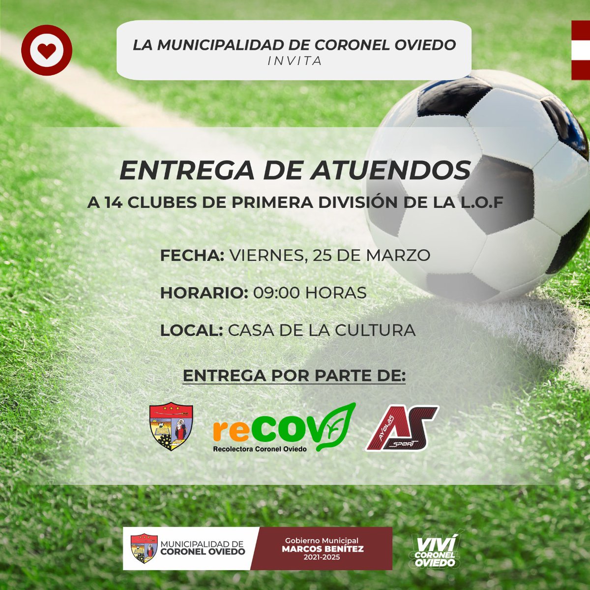PrensaMco's tweet photo. Entregarán atuendos deportivos a clubes de la Primera División de la L.O.F

Este viernes 25 de marzo la Municipalidad de Coronel Oviedo, Recolectora Coronel Oviedo (RECOV) y Ayolas Sport, entregarán atuendos deportivos a los 14 clubes de Primera División de la Liga Ovetense https://t.co/o14qJwq4vx