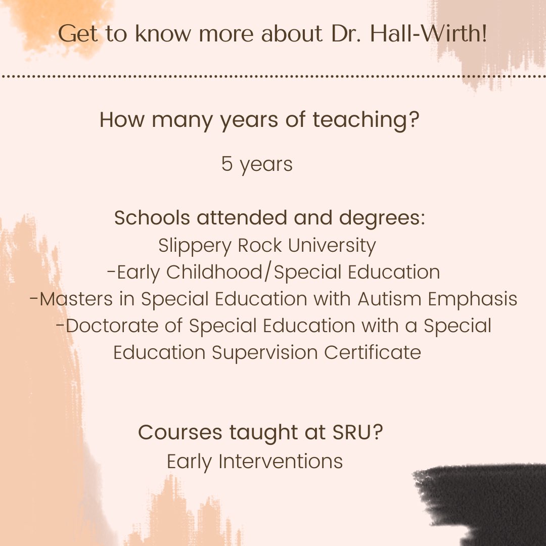 SruSped's tweet photo. For the next several weeks, the SRU SPED social media accounts will be introducing different professors from the SPED department! Today we are featuring Dr. Hall-Wirth! https://t.co/DHYjuZigo5