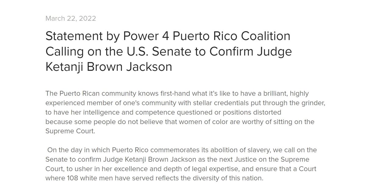 Pwr4PuertoRico's tweet photo. @Pwr4PuertoRico calls on Senate to Confirm
#JudgeKetanjiBrownJackson
The Puerto Rican community knows what it's like to have a brilliant judge put through the grinder because some people don't believe women of color belong on the #SupremeCourt
STATEMENT:
https://t.co/zyUUPbH488 https://t.co/Hj9LVfOwQ5