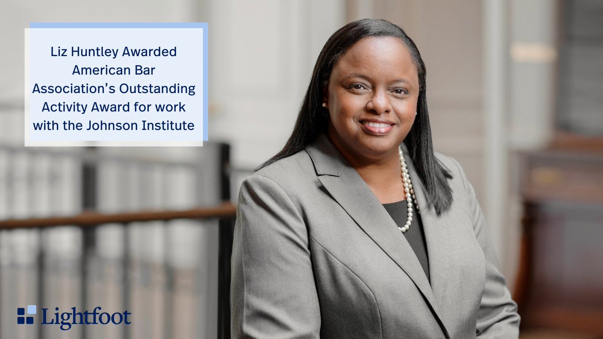 Lightfoot’s Liz Huntley was recognized as an <a href="/ABAesq/">American Bar Association</a>  Outstanding Activity Award recipient for her work with @FMJInstitute 

Read more about Liz’s work with The Johnson Institute and other community outreach work here. lightfootlaw.com/news-insights/…

#LightfootLaw