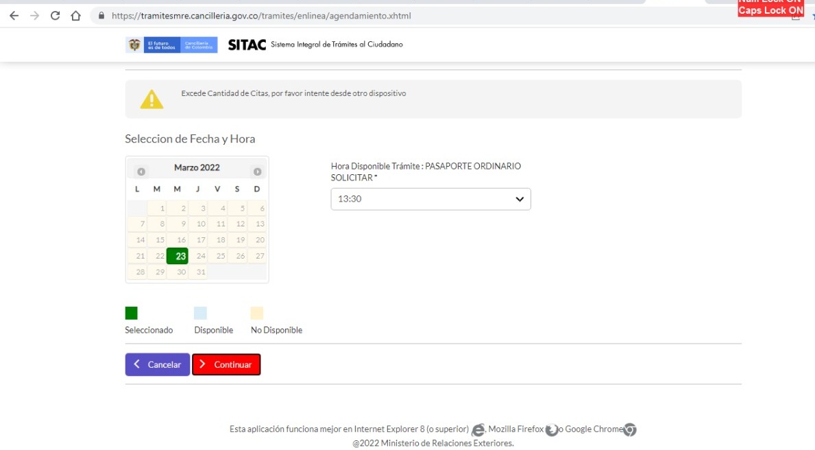 soniasulay's tweet photo. @CancilleriaCol A mi me pasa lo mismo desde noviembre del año pasado estoy consultando cita y no a sido posible, hoy al menos me dejó pasar un filtro con cita centro, pero al seleccionar fecha no hay disponibilidad y no habilita más meses, osea tampoco se pudo. https://t.co/iICjjKdcZe