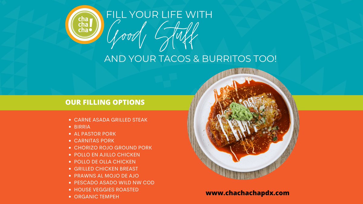 There are so many #goodthings to fill your life with! Choose your own #adventure! When it comes to filling your #tacos #burritos &amp; more at Cha Cha Cha we have #CarneAsada #Birria #Pork #Chicken #Prawns #Fish #Veggies &amp; #Tempeh Sourced #local &amp; #sustainable 🌮😍🌯😋