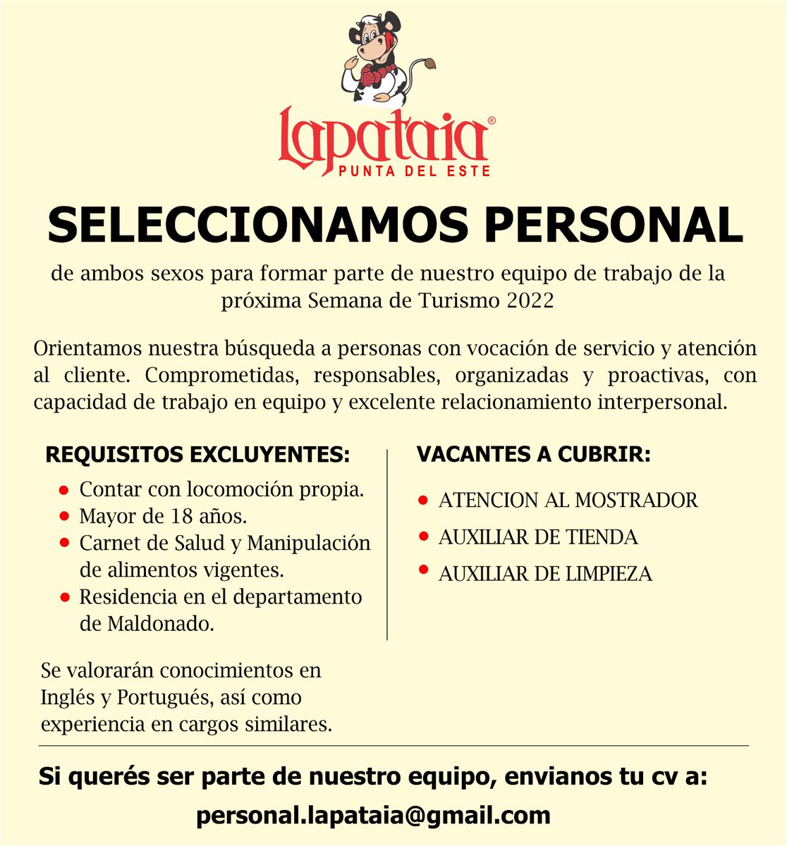 LAPATAIAUY's tweet image. ⚠️Atención Maldonado! Buscamos personal.

👉🏼Si cumplís con los requisitos y estas interesado envíanos tu cv a personal.lapataia@gmail.com

#lapataia #BuscoTrabajo #buscojob #maldonado
