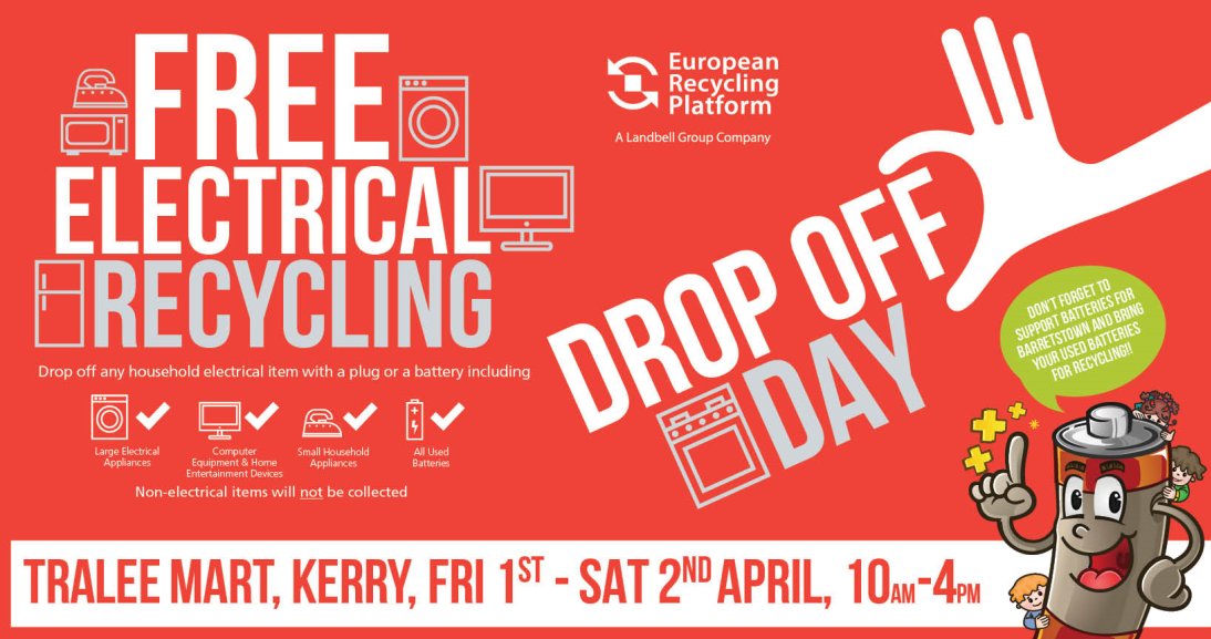 countykerry's tweet photo. #FREE Electrical Recycling Drop Off Day

1st and 2nd April at #Tralee Mart

#recycle #environment #dropoffday https://t.co/CG4Z02hSnK