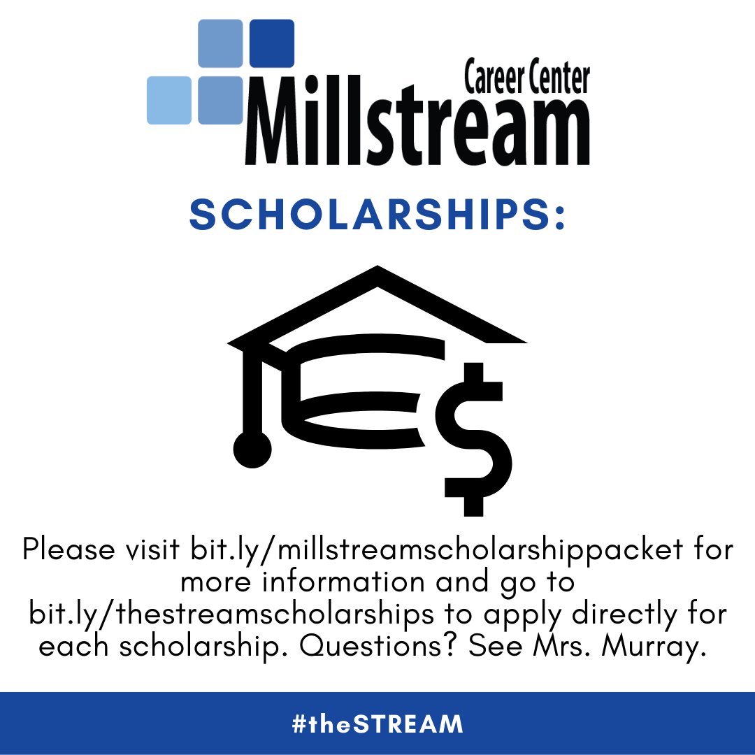 MillstreamCC's tweet image. Reminder to our seniors:
The deadline for @MillstreamCC scholarships is approaching fast (April 1). Please visit bit.ly/thestreamschol… to apply directly for each scholarship. Questions? See Mrs. Murray.  #theSTREAM #corevalue3 #embraceopportunities