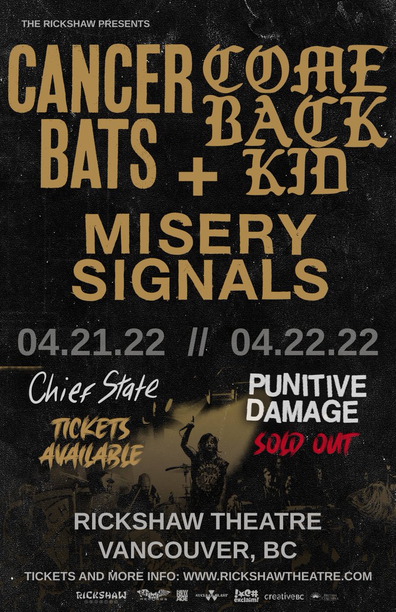 RickshawTheatre's tweet photo. 🔥SUPPORT ADDED🔥
We've added bands to both nights of our @cancerbats, @cbktweets &amp; @MiserySignals shows

APRIL 21
with @chief_state 
TIX: https://t.co/hlWoWXu77w
RSVP: https://t.co/AmxvshaIvt

APRIL 22
with #PunitiveDamage
❌SOLD OUT❌
RSVP: https://t.co/4Xbq0VXZ6B

@creativebcs https://t.co/zersf5wlrm