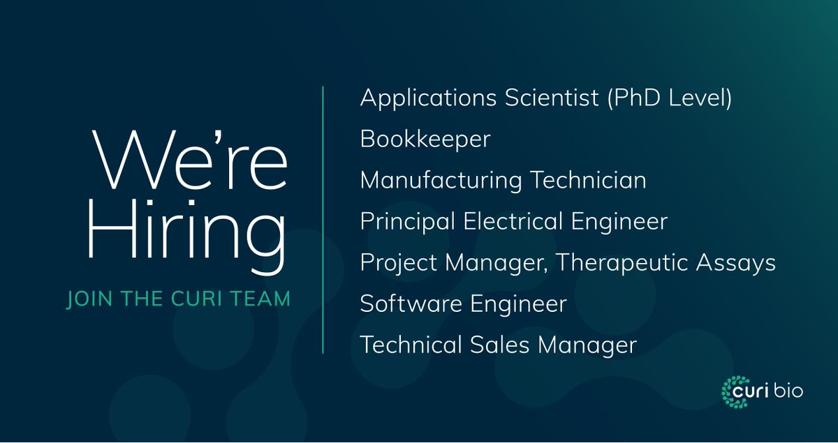 Curi_Bio's tweet photo. Curi Bio is hiring! Apply today to join our growing team.

We are looking to fill multiple positions. Visit our careers page for more details: https://t.co/yGpFhCuj6j

#Hiring #SeattleBioTech #BioTechCareers https://t.co/PcmPhm4xYy