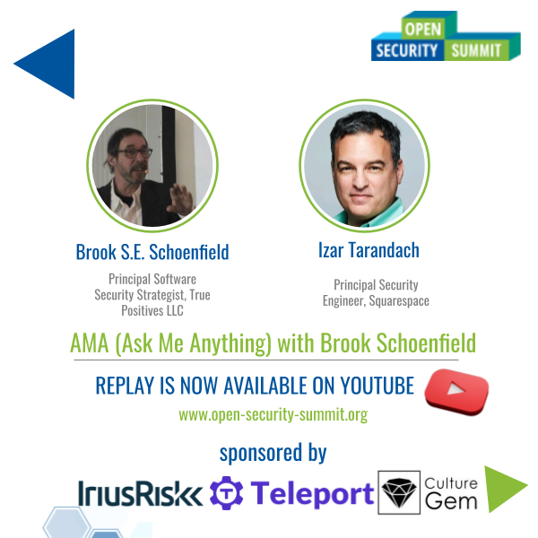 Thank you so much for joining us for the "AMA with Brook Schoenfield" session by <a href="/BrkSchoenfield/">Brook Schoenfield - Elder Statesman for AppSec</a> and <a href="/izar_t/">Izar Tarandach 🎗️</a> .

The replay is now available on YouTube!!!

Catch up here: open-security-summit.org/sessions/2022/…

#OSS2022 #SecurityAMA #AMA #security #threatmodeling #AskMeAnything