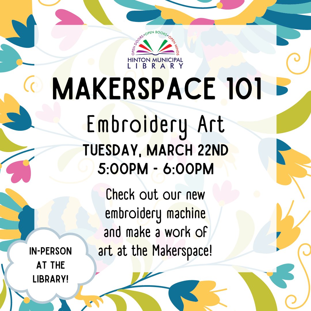 Did you know our Makerspace has an embroidery machine for anyone to use? Learn the basics of embroidery art at this week's Makerspace 101!