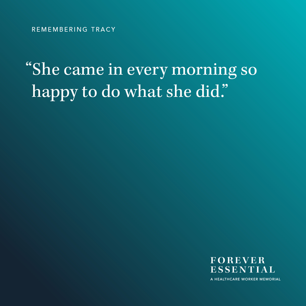 freveressential's tweet photo. Steadfast in her faith and dedicated to her work, when Tracy wasn’t caring for patients, she often spent her free time leading Bible study with the incarcerated. Tracy was 61 and leaves behind her daughter and her loving church ministry. #ForeverEssential https://t.co/QXQaRIPL6L