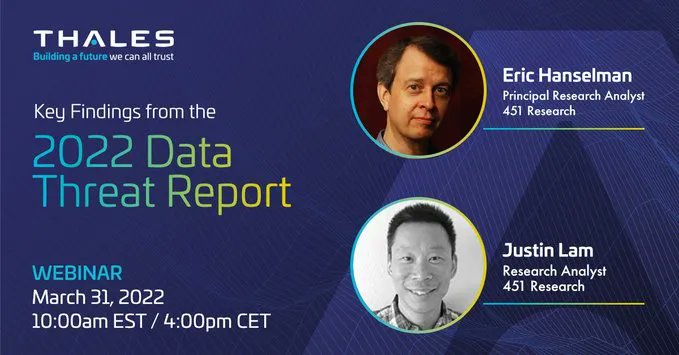 EvanKirstel's tweet photo. On March 31, join Eric Hanselman and Justin Lam from @451Research, to learn more about the key findings from Thales's #2022DataThreatReport.
Sign up via @ThalesCloudSec: https://t.co/k51wo7oiw7
#ZeroTrust #CipherTrust #DataProtection #SafeNetTrustedAccess #TrustedAccess https://t.co/6HGSvb6Iv2