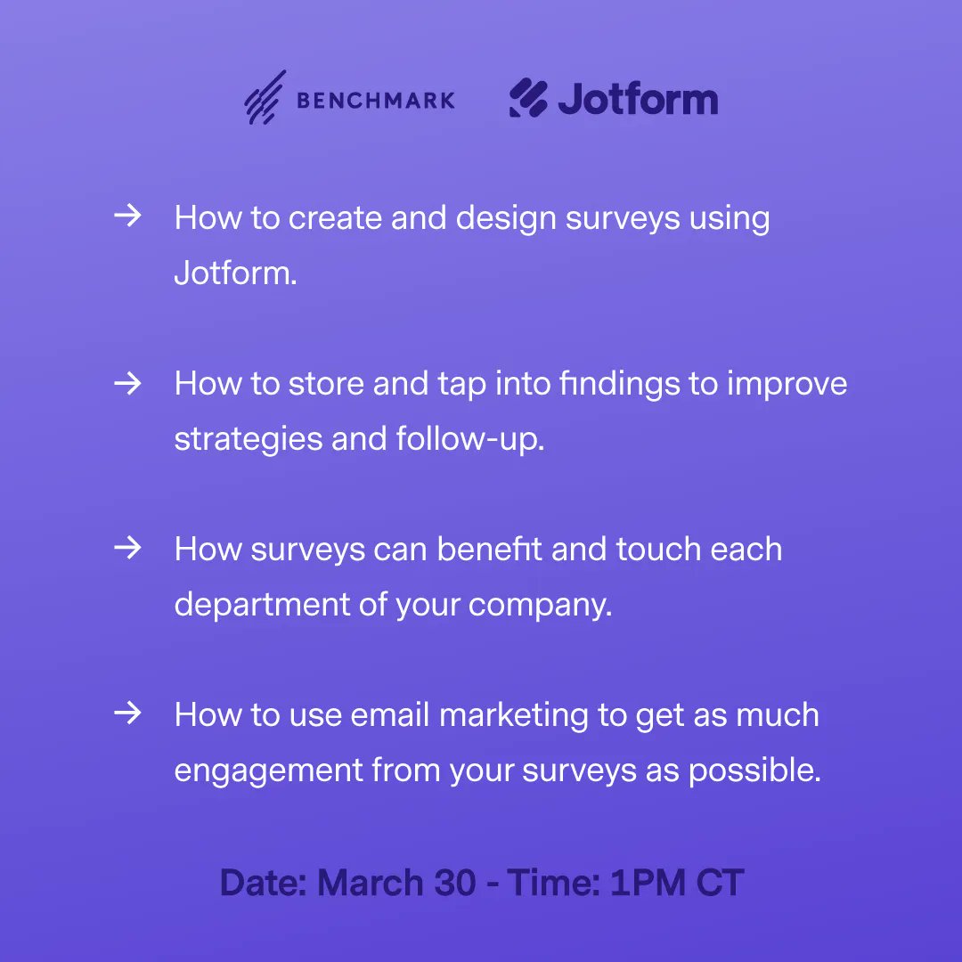 BenchmarkEmail's tweet photo. You don’t want to miss out on this #BenchmarkLive! ⚡️ Here’s what you’ll learn at our webinar with @Jotform! 🔗 Register Free: https://t.co/RaozaohQAU https://t.co/NJ97pjgFcI