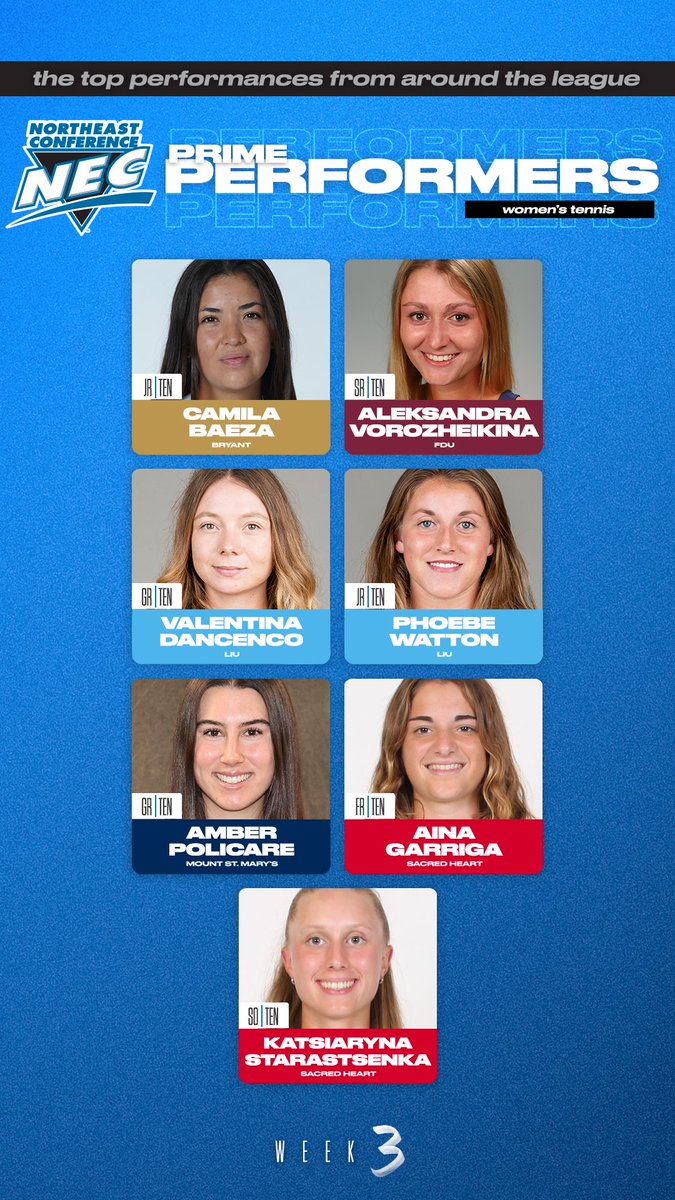 🗣️Official #NECTennis Women's Prime Performers 

🔹Camila Baeza, BRY
🔹Aleksandra Vorozheikina, FDU
🔹Valentina Dancenco, LIU
🔹Phoebe Watton, LIU
🔹Amber Policare, MSM
🔹Aina Garriga, SHU
🔹Katsiaryna Starastsenka, SHU

#NECPrimePerformer