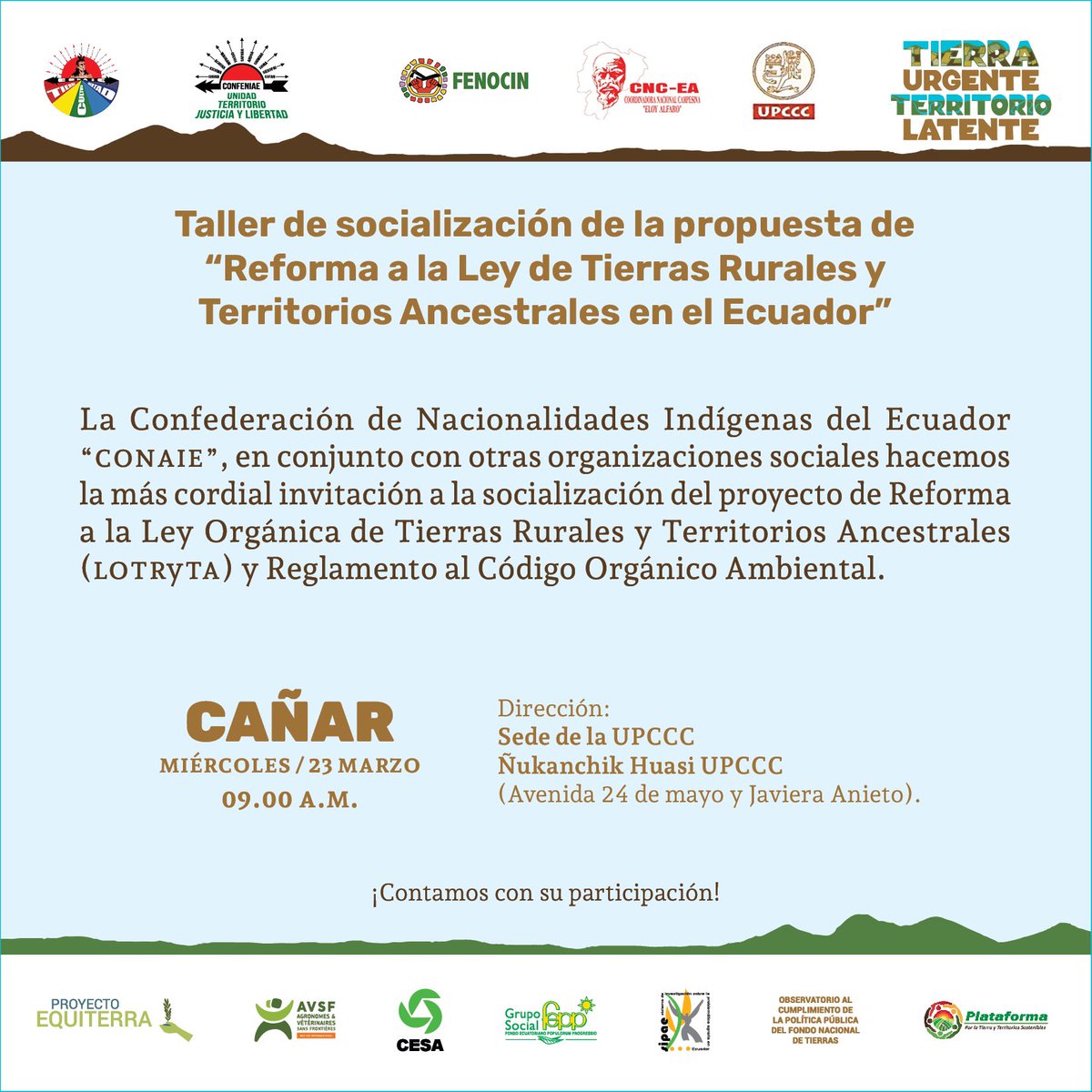 AVSFlatam's tweet photo. 🟤🟢🟤 #Equiterra 🇪🇨 

INVITACIÓN
A la socialización de la “Reforma a la Ley Orgánica de Tierras Rurales y Territorios Ancestrales”.

Fecha: miércoles 23.03.22
Hora: 09.00
Dirección: sede UPCCC, Av. 24 Mayo y Javiera Anieto, Cañar.

#TierraUrgenteTerritorioLatente 👩🏽‍🌾🧑🏽‍🌾 https://t.co/MaCmZjiVvj