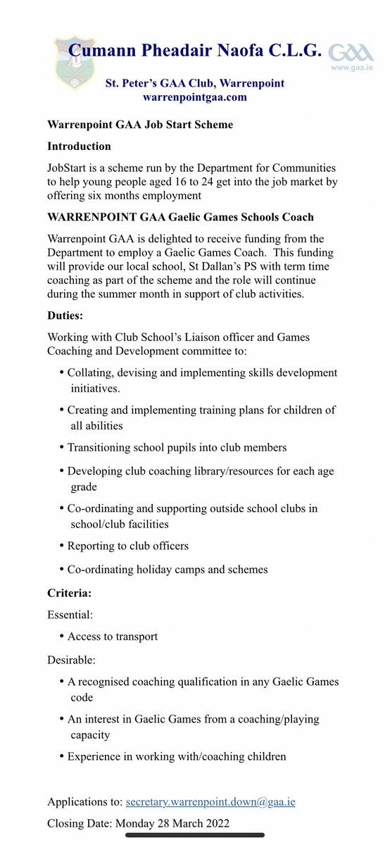 🔵 Employment opportunity - Gaelic Games Coach🔵 

We are delighted to receive funding from the Department to employ a Gaelic Games Coach. This funding will provide our local school, St Dallan’s PS with term time coaching as part of the scheme

jobcentreonline.com/JCOLFront/Free…