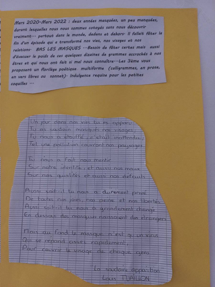 F_DEMOULIN's tweet photo. Bas les masques ! Un thème inspirant pour nos 3° à l'occasion du #printempsdespoetes #blamont @acbesancon https://t.co/U5o0Zk8Tu1