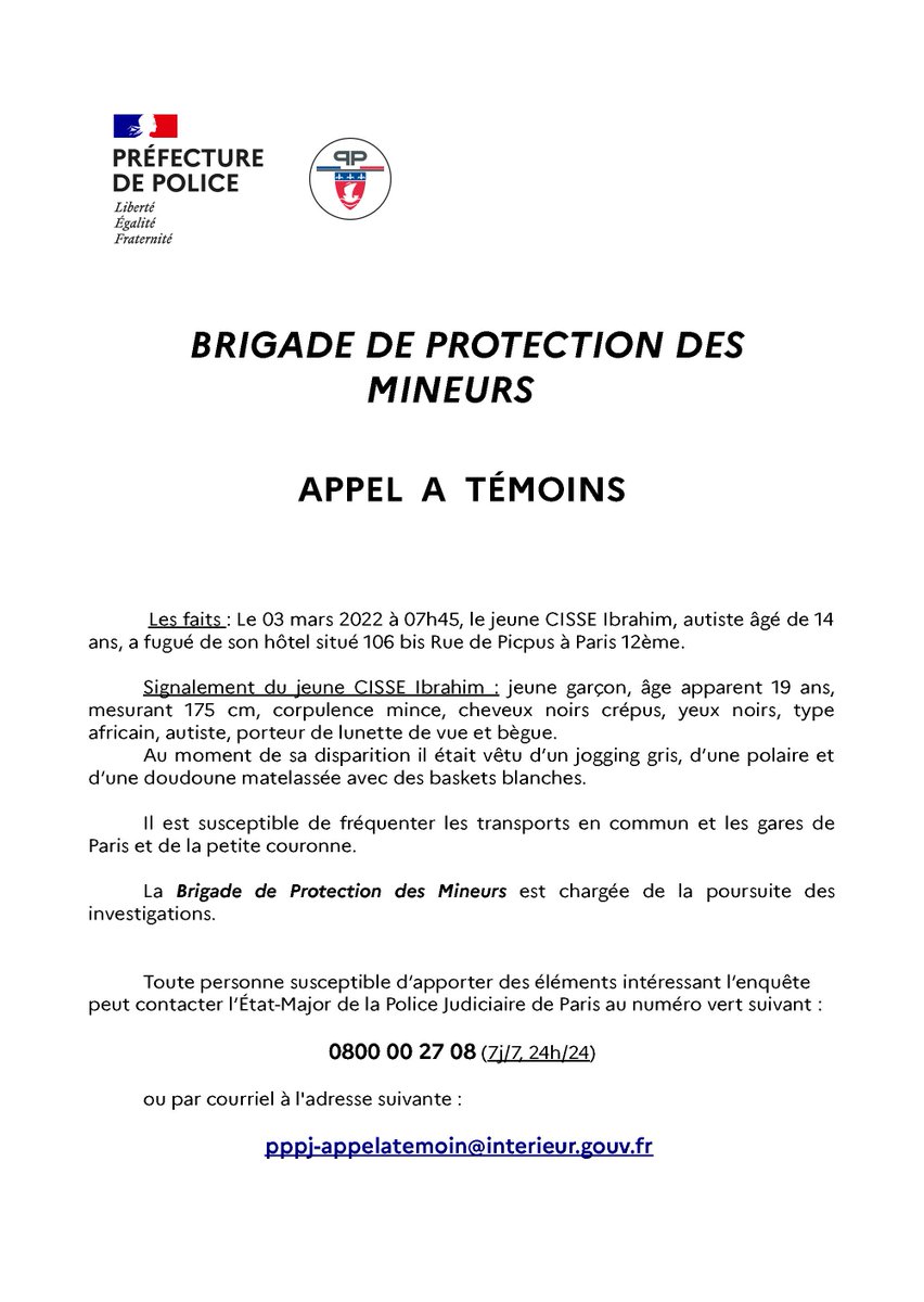 prefpolice's tweet photo. #AppelÀTémoins | Merci de vos RT pour aider les enquêteurs à retrouver CISSE Ibrahim, jeune autiste âgé de 14 ans, ayant fugué de son hôtel (#Paris12) le 3 mars.

Si vous détenez des informations ⬇️
☎️ 0800 00 27 08
📩 pppj-appelatemoin@interieur.gouv.fr https://t.co/qVcCuBLiQH