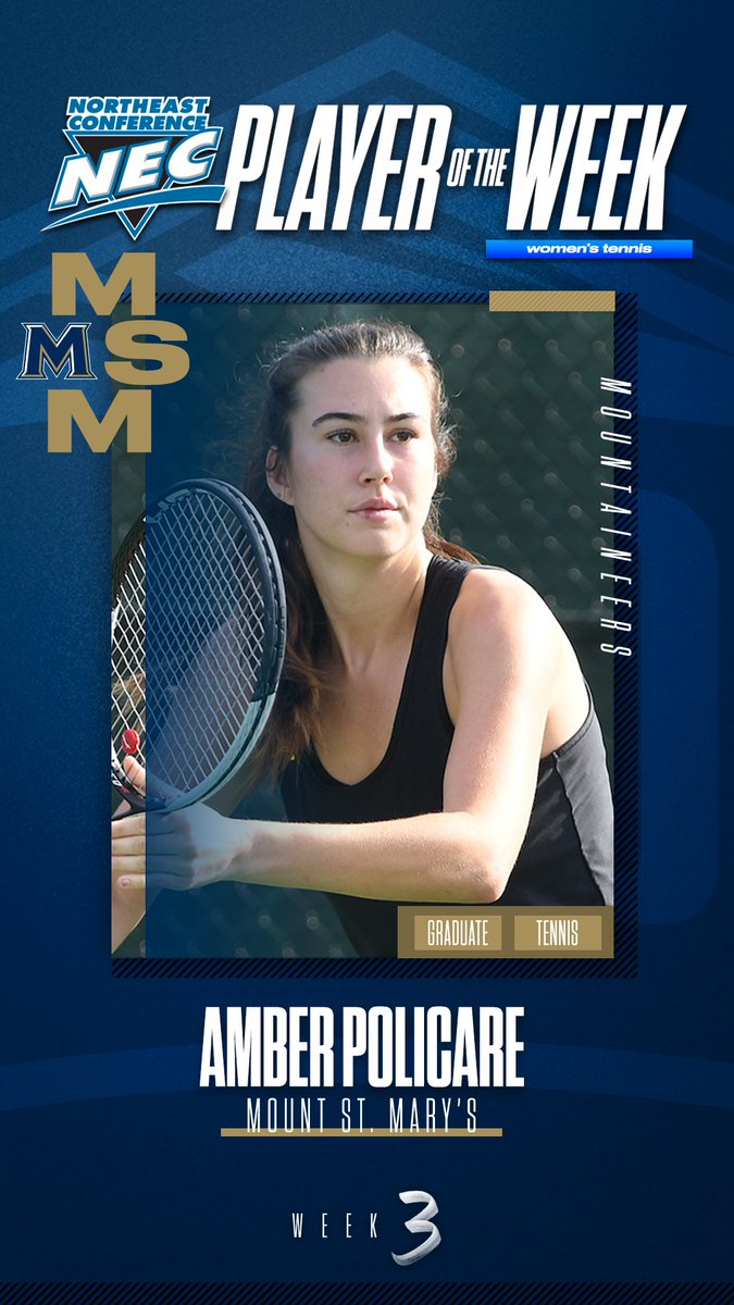 🏅 Official #NECTennis Women's Player of the Week 🏅

👉 Amber Policare, <a href="/MountAthletics/">Mount Athletics</a>

🗒️ Policare remained unbeaten against league rivals with a 6-3, 6-4 win over reigning NEC Player of the Year Sofiya Kuzina of LIU. She teamed with Adrian Barney for two doubles wins.