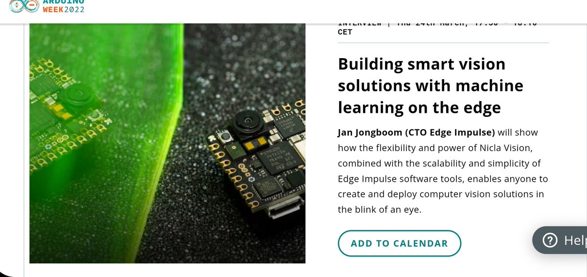 rocksetta's tweet photo. Yes, watch my Tuesday presentation, but an even better one will be this Thursday by @EdgeImpulse @janjongboom about the new @arduino #niclaVision. Vision, Sound, Motion all on one very small #tinyML #microcontroller
See the program at https://t.co/iHOIUtdUx8 https://t.co/wMytJLjTBW