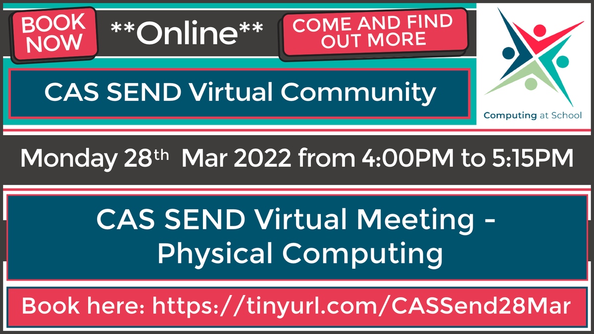 CAS SEND Virtual Community - This meeting is for anyone involved in education who is interested in how we teach computing effectively to young people with special educational needs and disabilities. 

Book here: tinyurl.com/CASSend28Mar

<a href="/CompAtSch/">Computing at School</a>