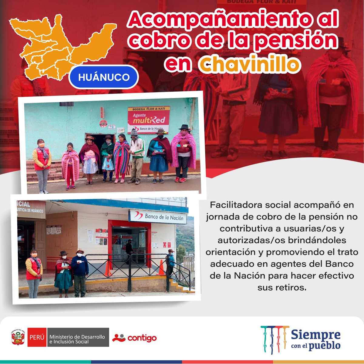 Midis_CONTIGO's tweet photo. Huánuco | ✅ Usuarias y usuarios del distrito de #Chavinillo son asistidos por la facilitadora social del Piloto Aprendo Contigo en el proceso de cobro de su pensión, correspondiente al primer bimestre, en la red de agencias del Banco de la Nación. 👏 💯 https://t.co/kmGZ7utidV