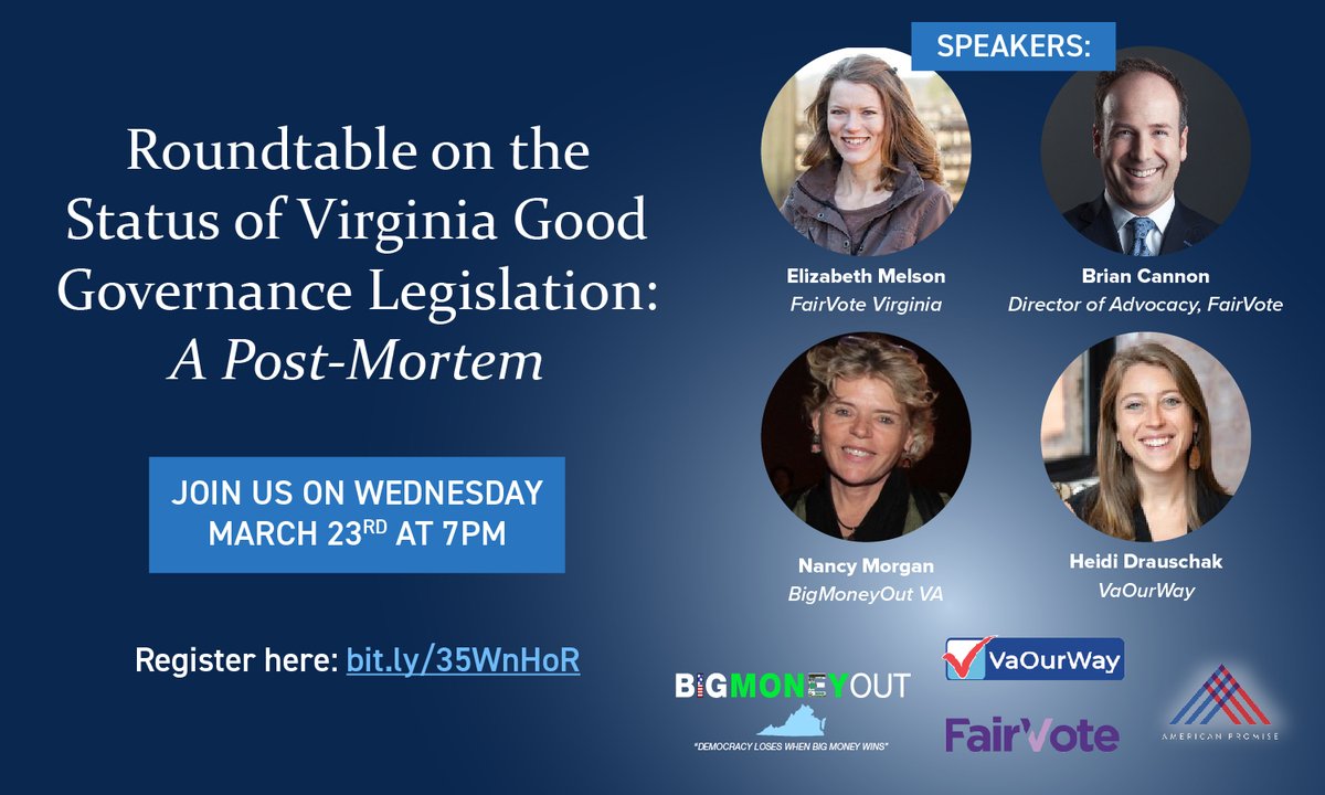MoneyOutVA's tweet photo. Join us tomorrow night to review status of VA Good Governance bills! Wednesday, March 23rd at 7 pm.  Topics: Status of 💸campaign finance💲 bills &amp; we'll be joined by Brian Cannon and Elizabeth Melson to talk about ranked choice voting. 
Register here: https://t.co/SSKTFEbkkl https://t.co/l512BofMPL