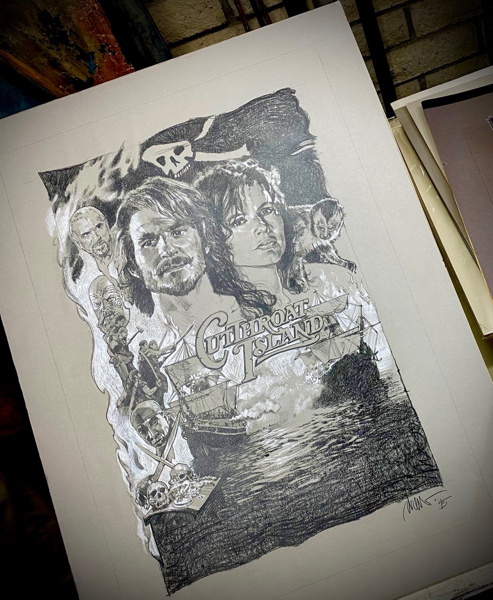 Only ONE of my original 1995 #CutthroatIsland B&W Comps is left! If you’re interested, click the link below before it sails away! Thank you. 🏴‍☠️ 🚀 galacticgallery.com/drew-struzan-o… @MatthewModine #GeenaDavis #FrankLangella #RennyHarlin #90s #Art