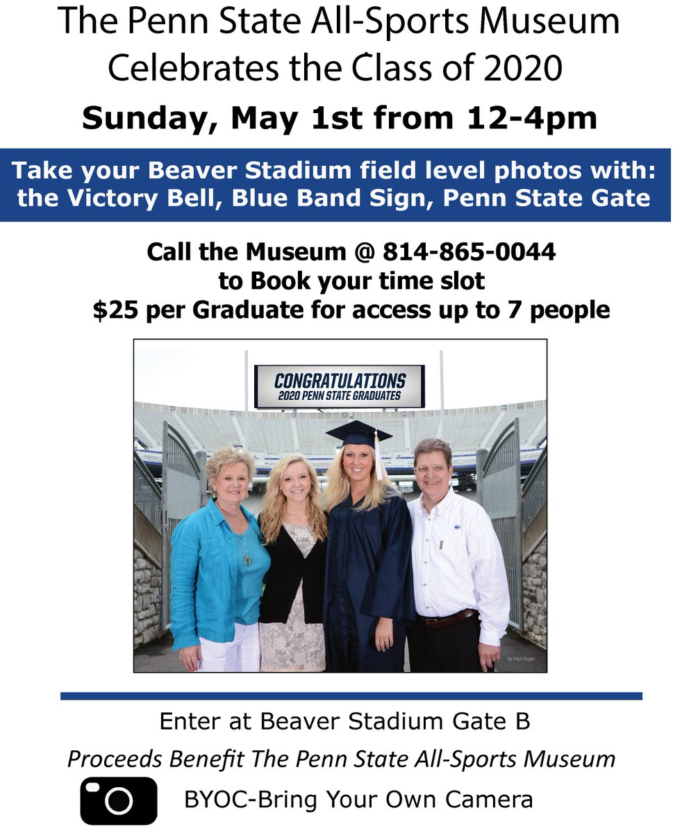 PSUSportsMuseum's tweet photo. #PSUclassof2020 - we want to help you FINALLY celebrate your graduation! Bring your family and friends for photos in #BeaverStadium! #weare #pennstate #PSU https://t.co/YSEm2zW6pN