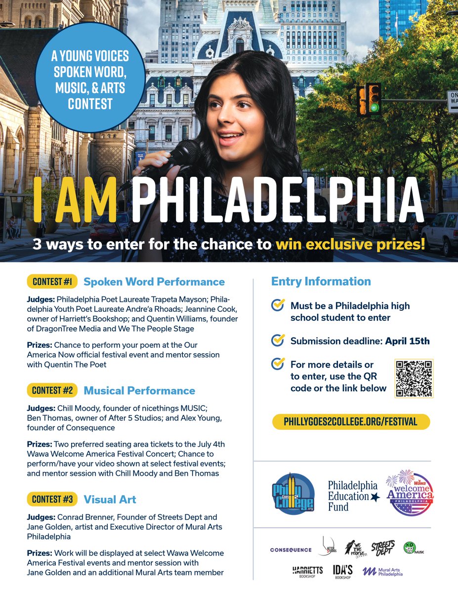 PhillyGoes2College (@philly2college) on Twitter photo Philly 9th-12th graders, it’s time to take the mic. Submit original art or spoken word/musical performance by April 15th to the PG2C x <a href="/July4thPhilly/">Wawa Welcome America</a> I Am Philadelphia contest. Winners will take the festival stage & receive exclusive mentorships! Details: phillygoes2college.org/festival Philly 9th-12th graders, it’s time to take the mic. Submit original art or spoken word/musical performance by April 15th to the PG2C x <a href="/July4thPhilly/">Wawa Welcome America</a> I Am Philadelphia contest. Winners will take the festival stage & receive exclusive mentorships! Details: phillygoes2college.org/festival