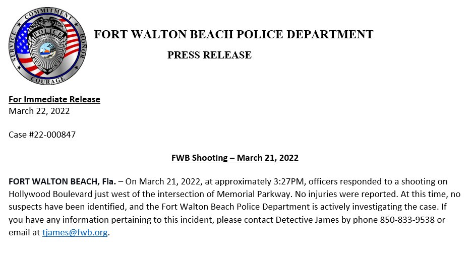 On March 21, 2022, at approximately 3:27PM, officers responded to a shooting on Hollywood Boulevard just west of the intersection of Memorial Parkway.