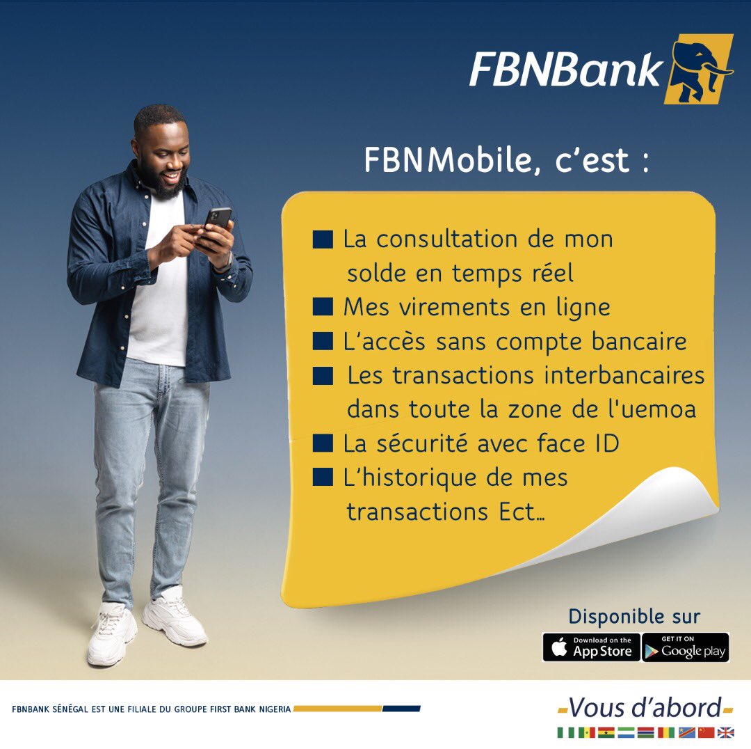 FBNBank_Senegal's tweet photo. Avec FBNMobile devenez votre propre banquier !
Disponible en téléchargement sur Android: https://t.co/iOjX5SQsos ou IOS: https://t.co/2HU1AEjfFi.
#FBNBank #FBNBankSenegal #Firstbank #fbnmobile https://t.co/G9sQhpfkfG