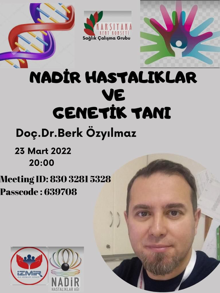Nadir Hastalıklarla ilgili farkındalık çalışmalarımız, 28 Şubat Nadir Hastalıklar Günü geçse de halen devam ediyor!
Konuşmacı: Doç. Dr. Berk Özyılmaz
Konu: Nadir Hastalıklar ve Genetik Tanı 
📍: Zoom 
⏰: 23 Mart 2022 (yarın) 20.00
Meeting ID: 830 3281 5328 
Şifre: 639708