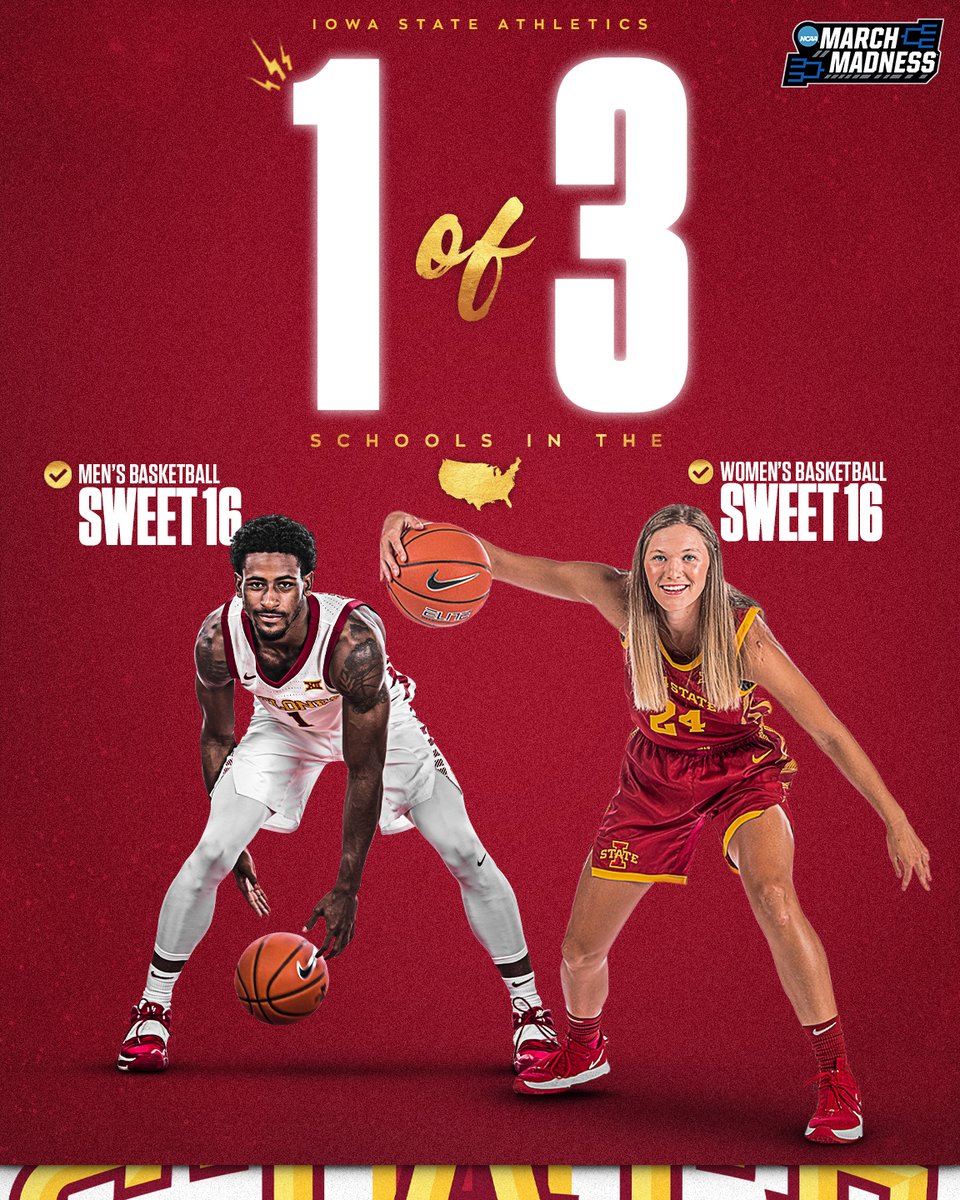 CycloneATH's tweet photo. How do you like this? 

Iowa State is only 1 of 3 schools in the nation with both their women's and men's basketball teams playing in the #Sweet16 
#MarchMadness #CyclONEnation https://t.co/T2aBclEsTF