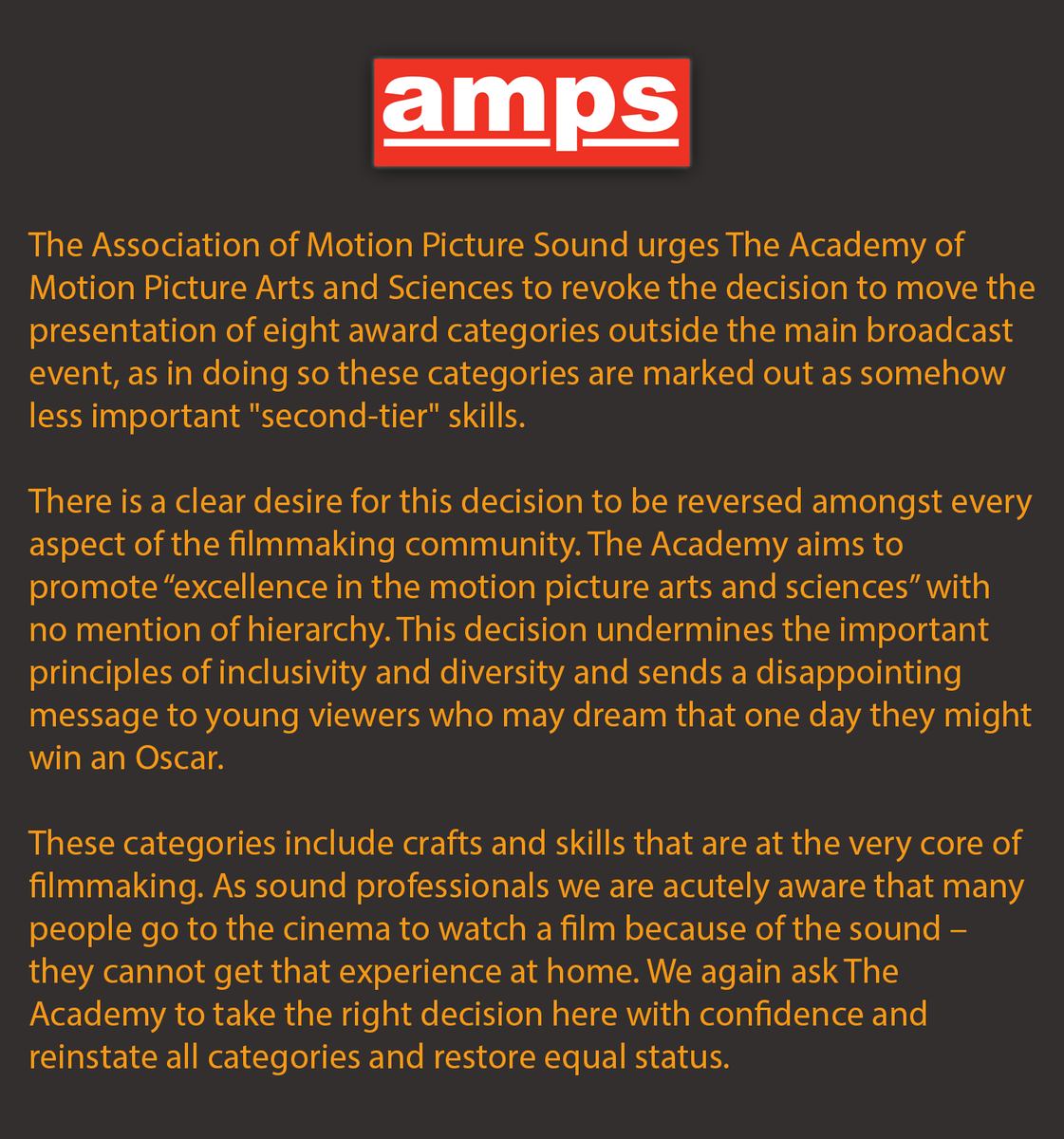 AMPS Oscar Statement

amps.net/news/new-amps

<a href="/TheAcademy/">The Academy</a> 
<a href="/CinemaAudioSoc/">Cinema Audio Society</a> 

#PresentAll23