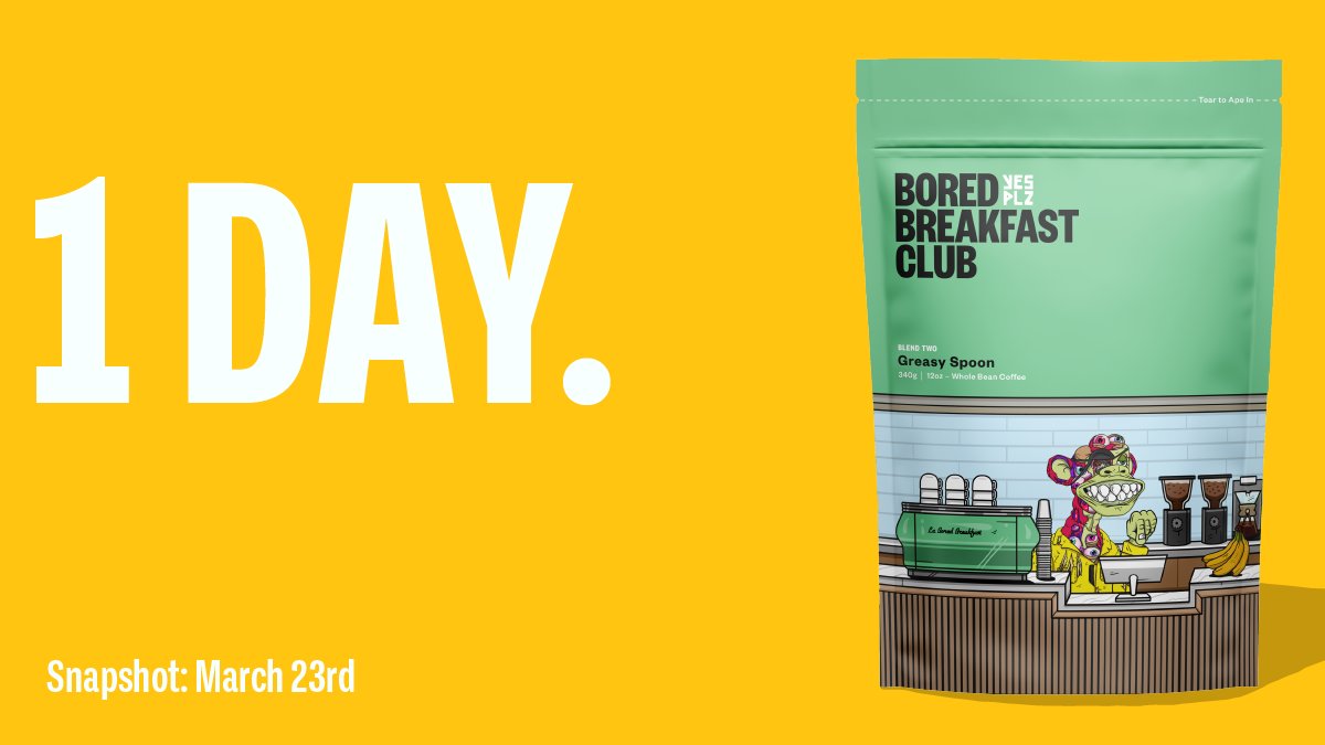 BoredBreakfast's tweet photo. Blend Two snapshot is tomorrow, and the clock is ticking on your chance to snag a bag of the Greasy Spoon.

Grab an NFT now to be eligible to claim a bag of this limited edition roast, shipped free, worldwide. 

#CountdownToCoffee

https://t.co/sbWz6C1OTQ https://t.co/HwOmP4leEP