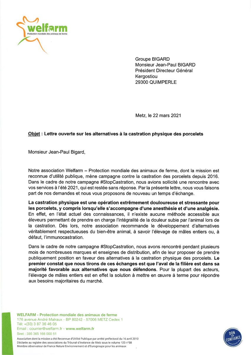 Welfarm's tweet photo. #StopCastration🐷💢
Les engagements des entreprises en faveur de l’arrêt de la castration ne cessent de s’amplifier… Pourtant, le groupe Bigard, qui est en passe de devenir le leader du marché, s’oppose encore aux alternatives ! 
🔽 Notre lettre ouverte : https://t.co/k79hznectN