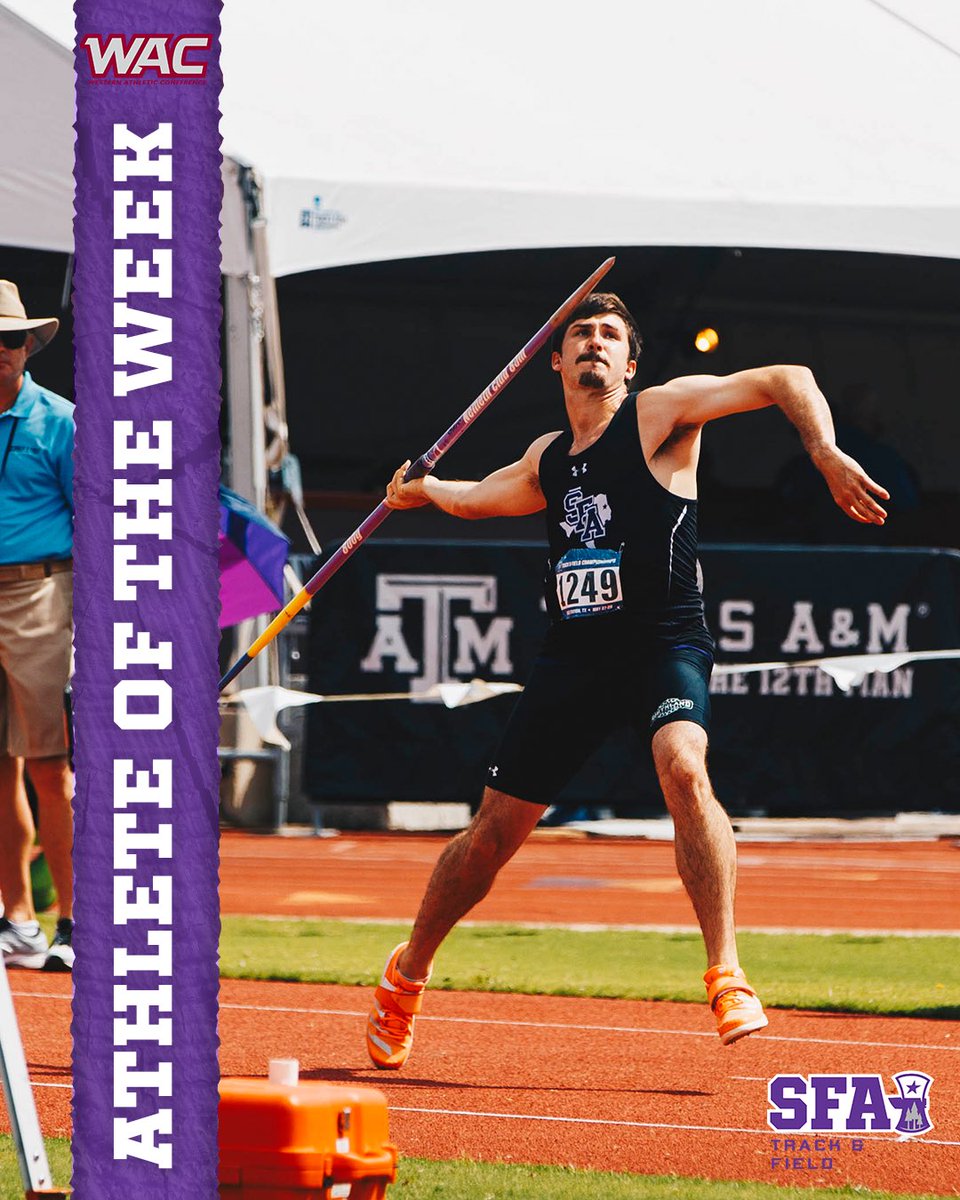 SFA_TFXC's tweet photo. Cord Neal is your @TicketSmarter @WACsports Outdoor Field Athlete of the Week! 

Cord placed 1st this weekend in Javelins with a distance of 69.31, as he ranks No. 1 in the conference, No. 2 in the West Region &amp; No. 7 in NCAA. 

#AxeEm x #RaiseTheAxe https://t.co/L1AVzUIFEo