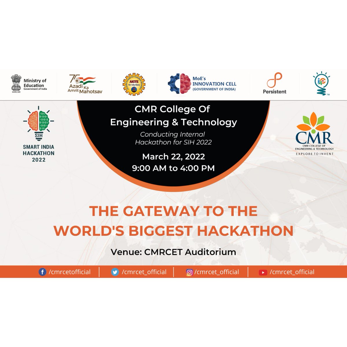 Internal Hackathon as part of SIH 2022, has been held on 22nd March, 2022  at CMRCET, giving students a gateway to the world's biggest hackathon.  #sih2022 #smartindiahackathon2022 @EduMinOfIndia @mhrd_innovation, image size:1200x1200