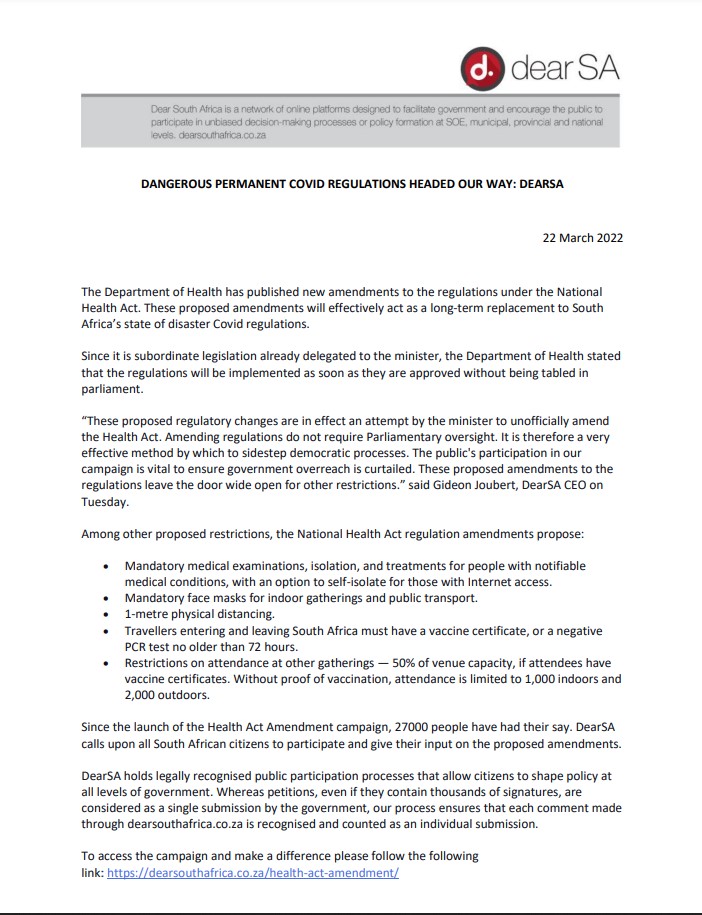 DearSA_national's tweet photo. CALL FOR COMMENT: Amendments to the Health Act (Covid regulations) 
https://t.co/FjmZ49Btqb https://t.co/Rj0b7gKpQV