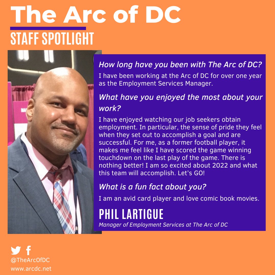 TheArcOfDC's tweet photo. Meet another of our amazing staff members! Phil is dedicated to ensuring that our clients are finding meaningful employment in their field of interest. @PL4848 https://t.co/6C914dIl2g