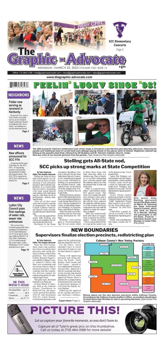 With front pages like these, we always feel lucky.

Lohrville’s St. Patrick’s Celebration, <a href="/scc_titans/">SCC Titans</a> Individual Speech and new election precincts are on the front cover of this week’s issue.

Inside, we have local news, community updates and SCC sports. #LocalJournalism
