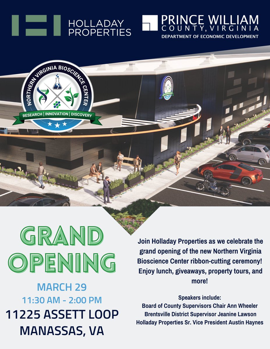 ScheerPartners's tweet image. Join us for the Grand Opening of the Northern Virginia Bioscience Center in 11225 Assett Loop, Manassas, Virginia!

#GrandOpeningAssettLoop #VALifeScience #LifeScienceCRE #NVABioscienceCenter